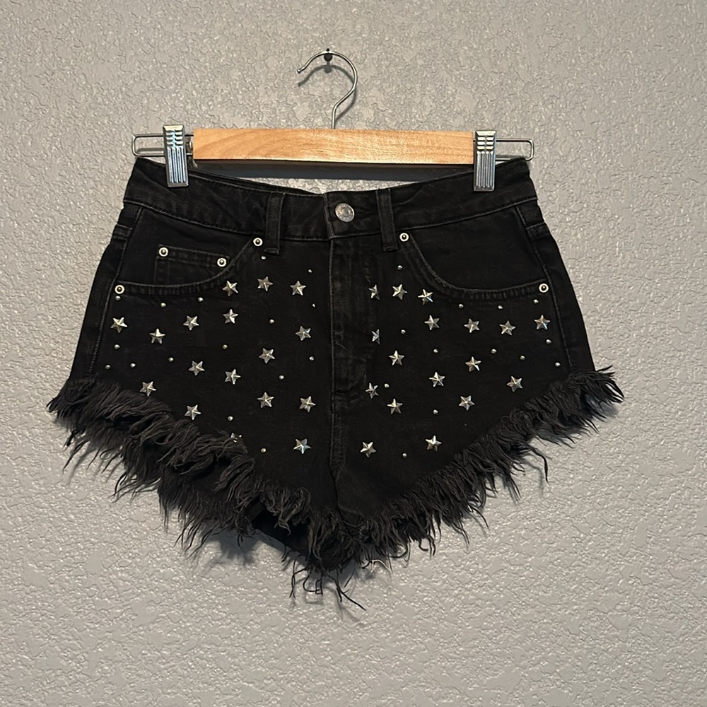 Topshop Black Studded Denim Shorts - Picture 2 of 6